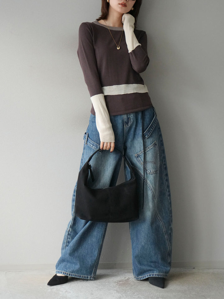 [予約]異素材配色デザインニットトップス/ブラウン