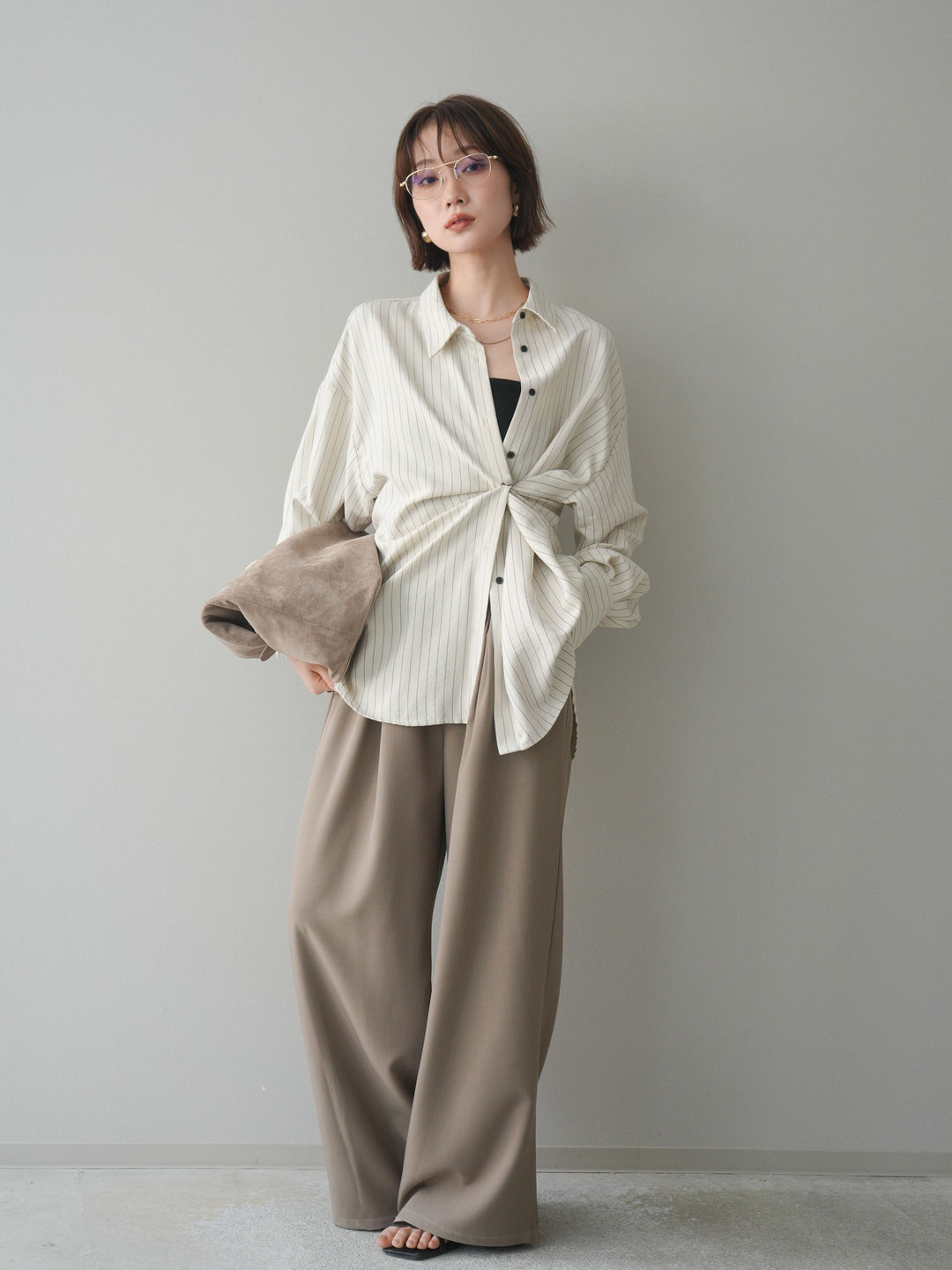 [SET]2WAYカシュクールストライプブラウス+ベルト付キーホルダーモチーフワイドパンツ(2set)
