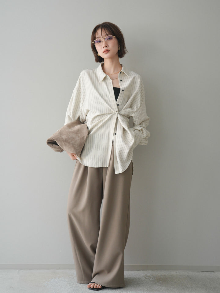 [SET]2WAYカシュクールストライプブラウス+ベルト付キーホルダーモチーフワイドパンツ(2set)