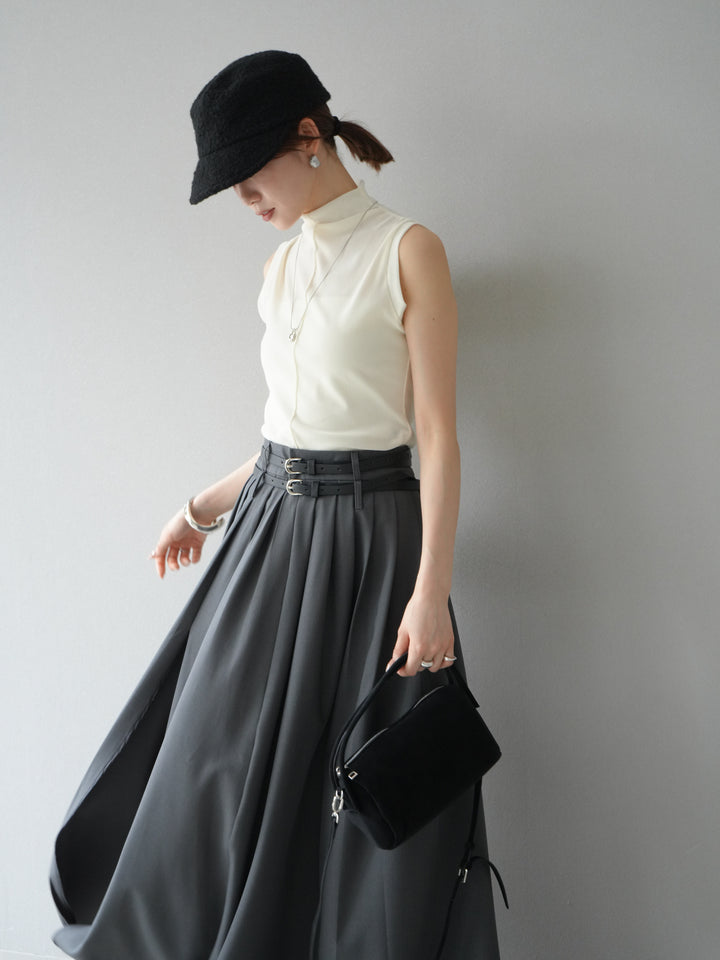 [SET]シアーベロアプチネックノースリーブトップス+エステルプリーツスリットスカート(2set)