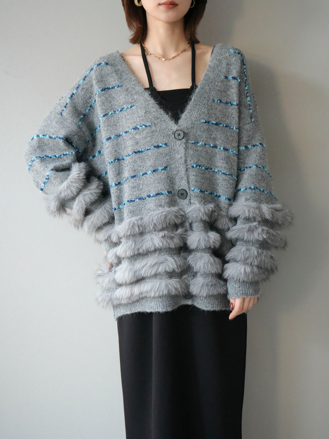 [予約]フェザーライン配色シャギーニットカーディガン/グレー