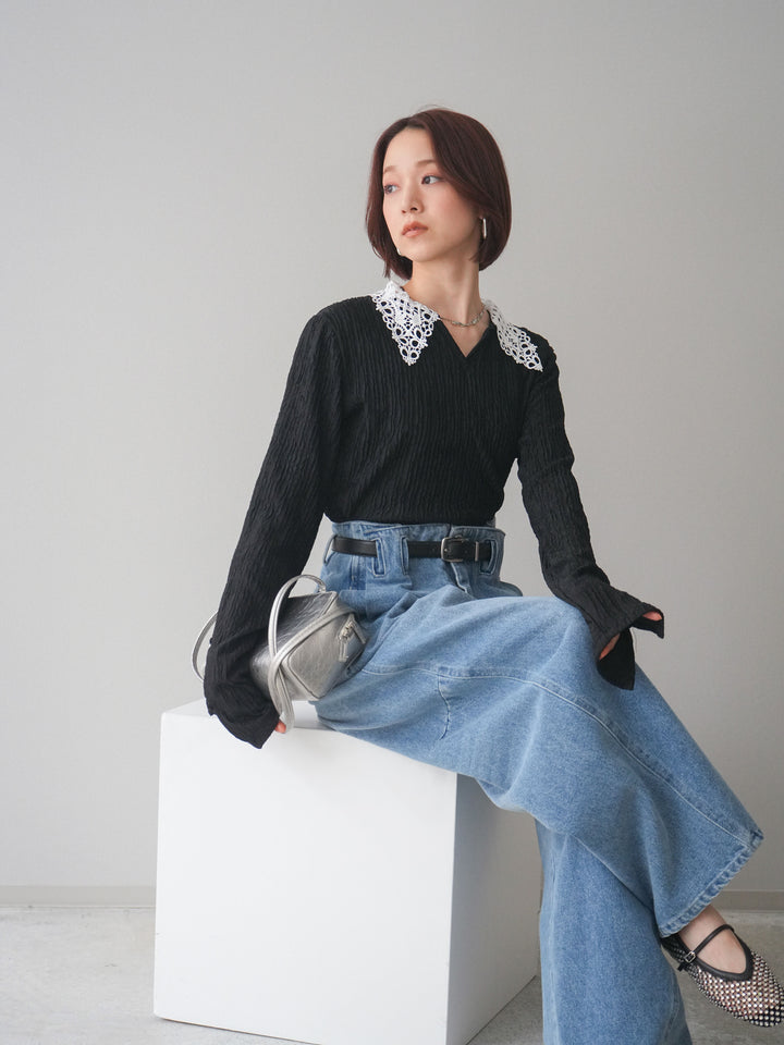 [SET]袖スリットレースカラートップス+ハイウエストベルトループデザインデニムパンツ(2set)