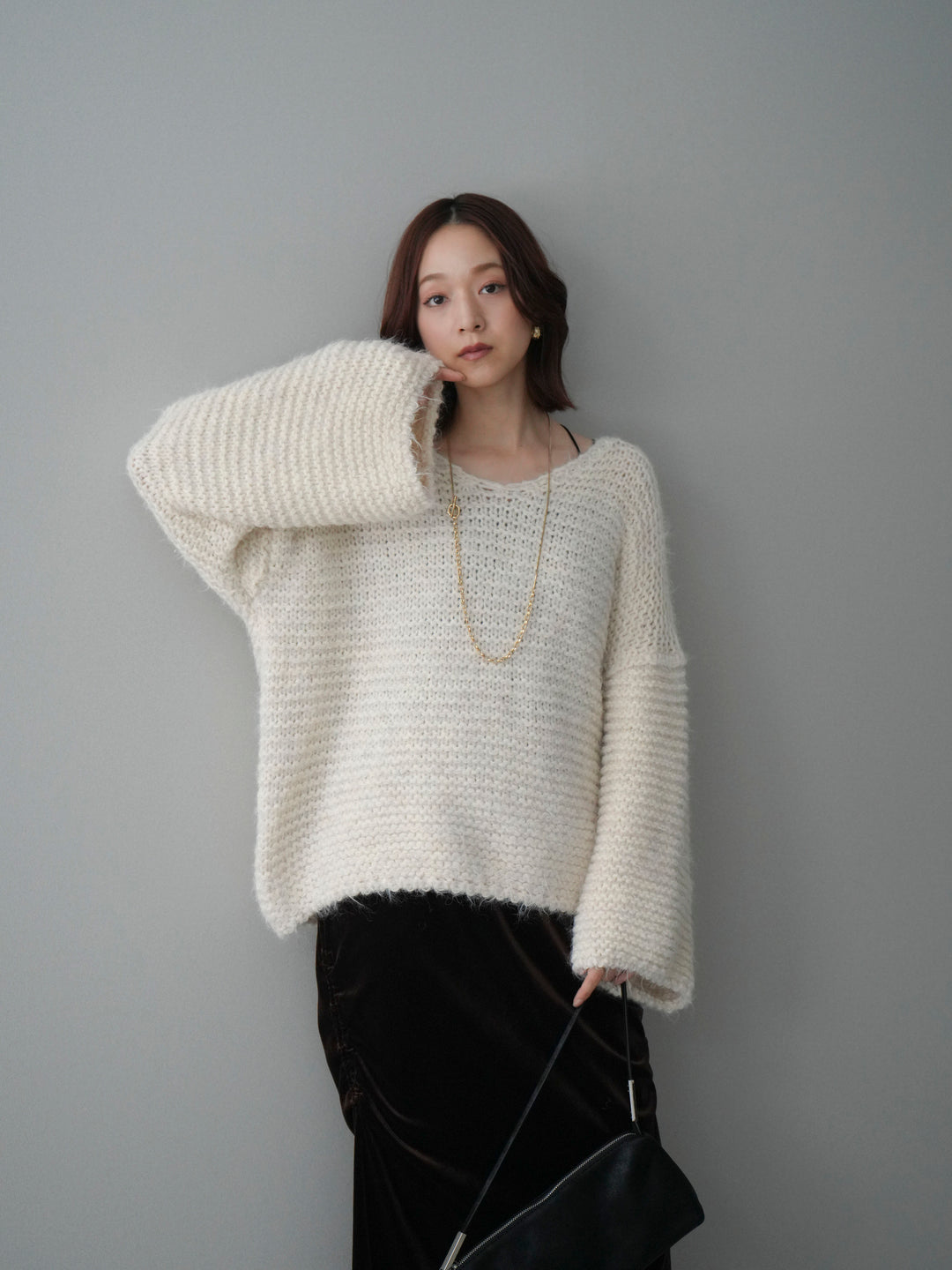 [SET]ワッフル編みシャギーニットプルオーバー+ギャザーベロアスカート(2set)