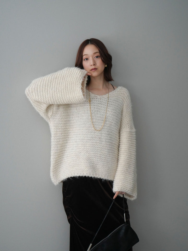 [SET]ワッフル編みシャギーニットプルオーバー+ギャザーベロアスカート(2set)