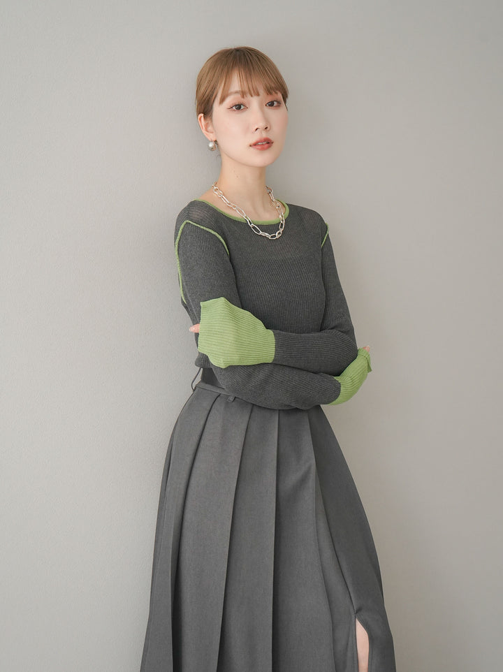 【預購】色彩協調的透明亞麻針織上衣/炭綠色