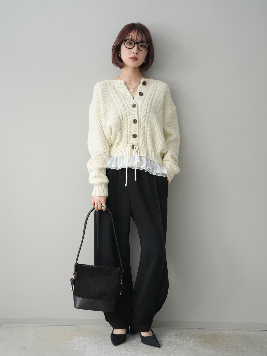 [予約]裾レースケーブルニットカーディガン/ivory