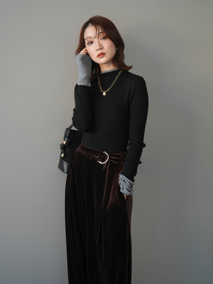 [予約]袖ボタンハイネック配色リブニットトップス/black