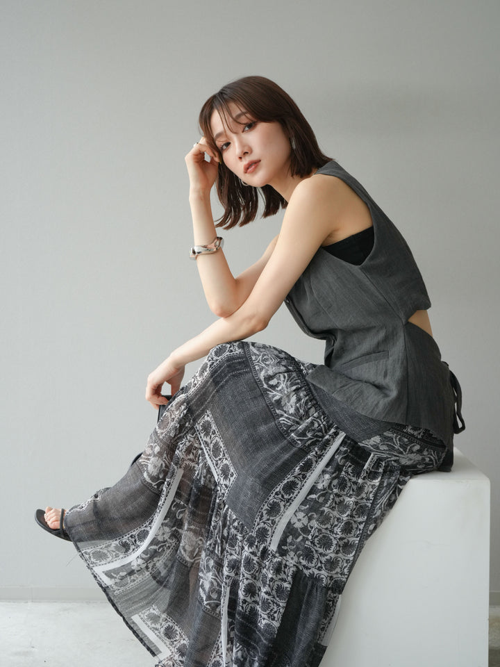 [SET]リネンタッチバックオープンベスト＆ニュアンス柄マキシスカートSET UP(2set)