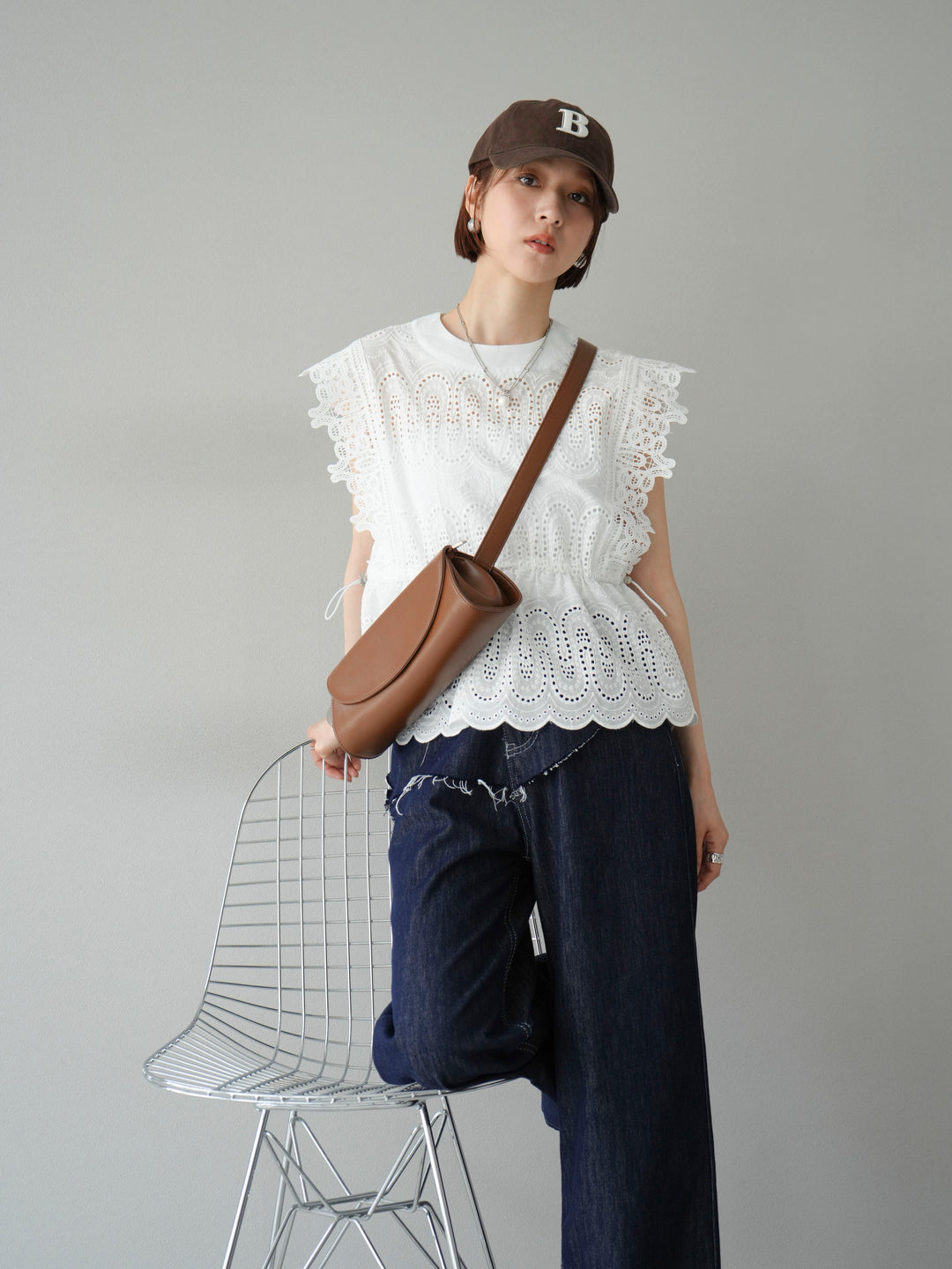 [予約]スカラップ刺繍レースブラウス/ホワイト