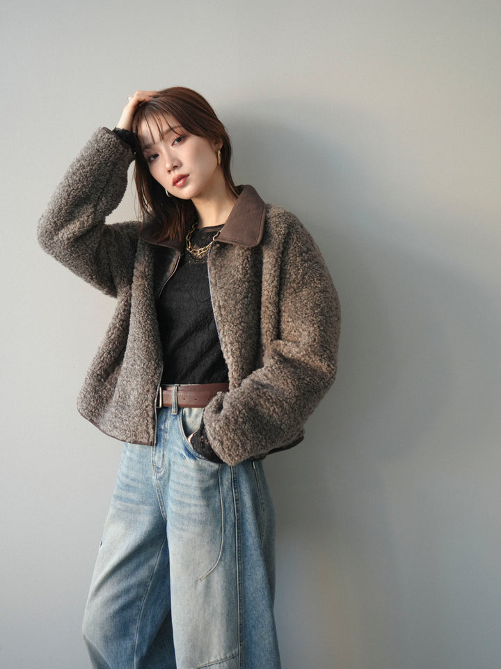 [予約]スエード襟ボアショートジャケット/brown