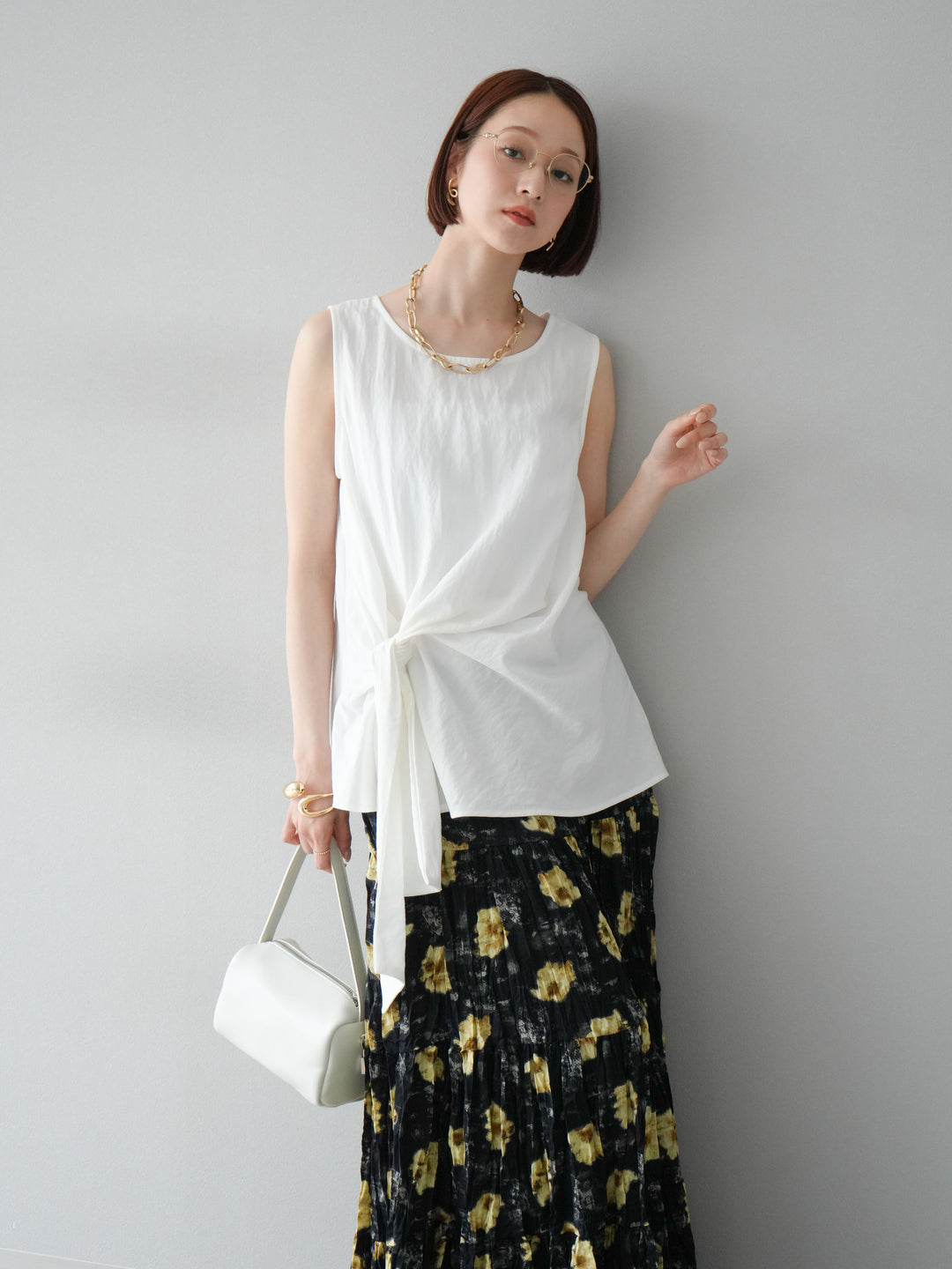 [SET]フロント巻きノースリーブブラウス+フラワーワッシャーロングスカート(2set)