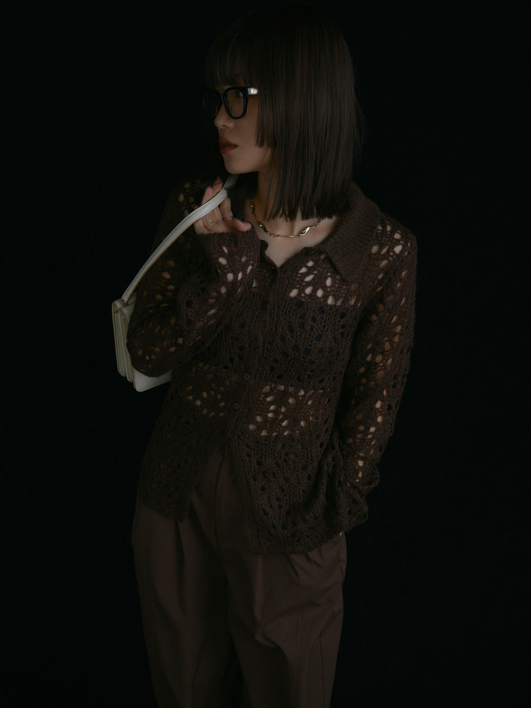 【Allure】[SET]ローゲージ透かし編みポロニッカーディガン+タフタワイドカーブパンツ(2set)