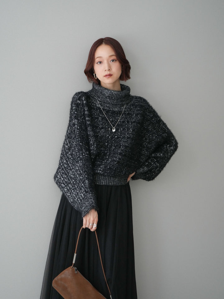 [予約]オフタートルケーブル編みニットプルオーバー/black