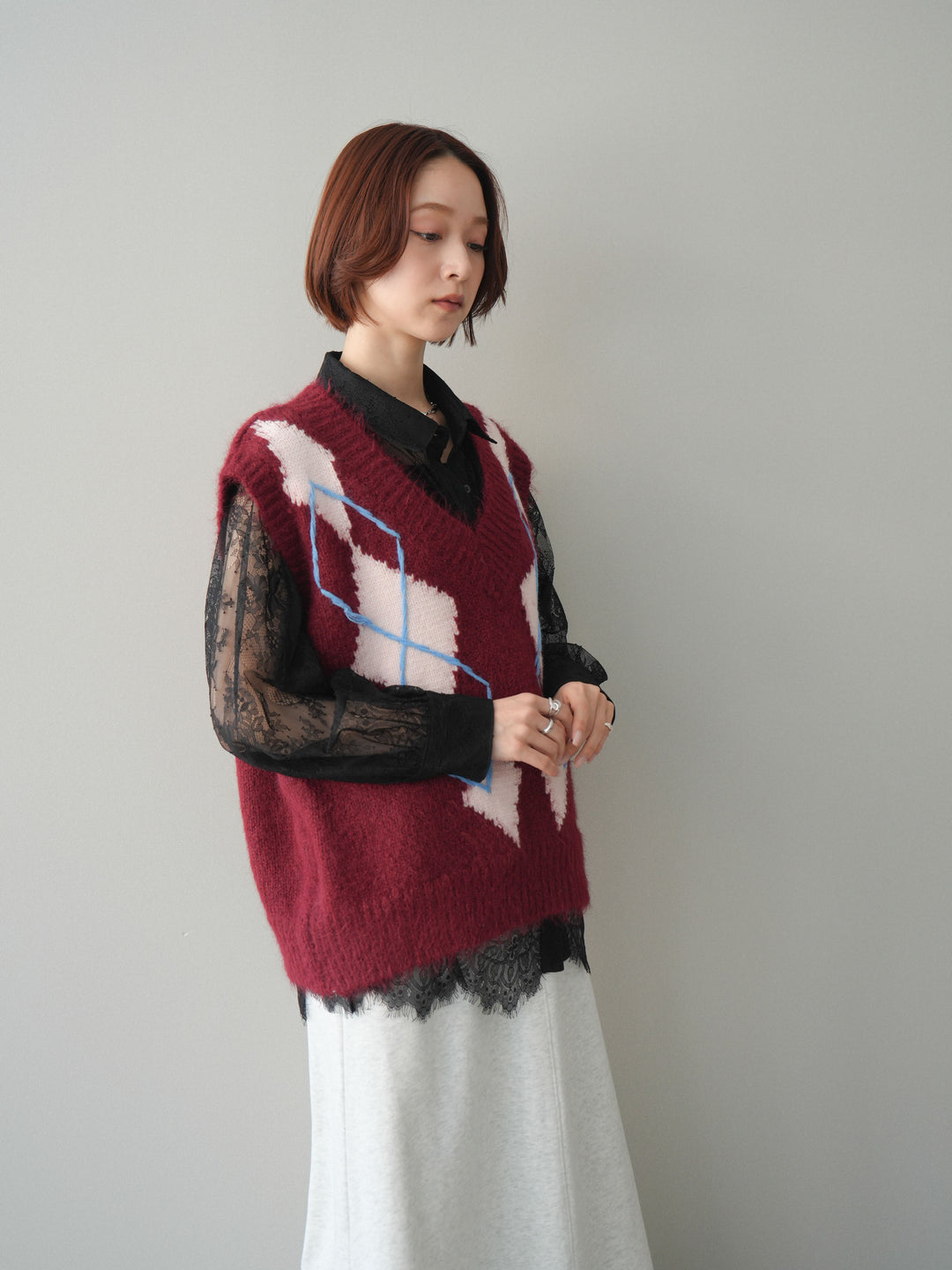 [SET]アーガイルVネックニットベスト+選べるアクセセット(2set)