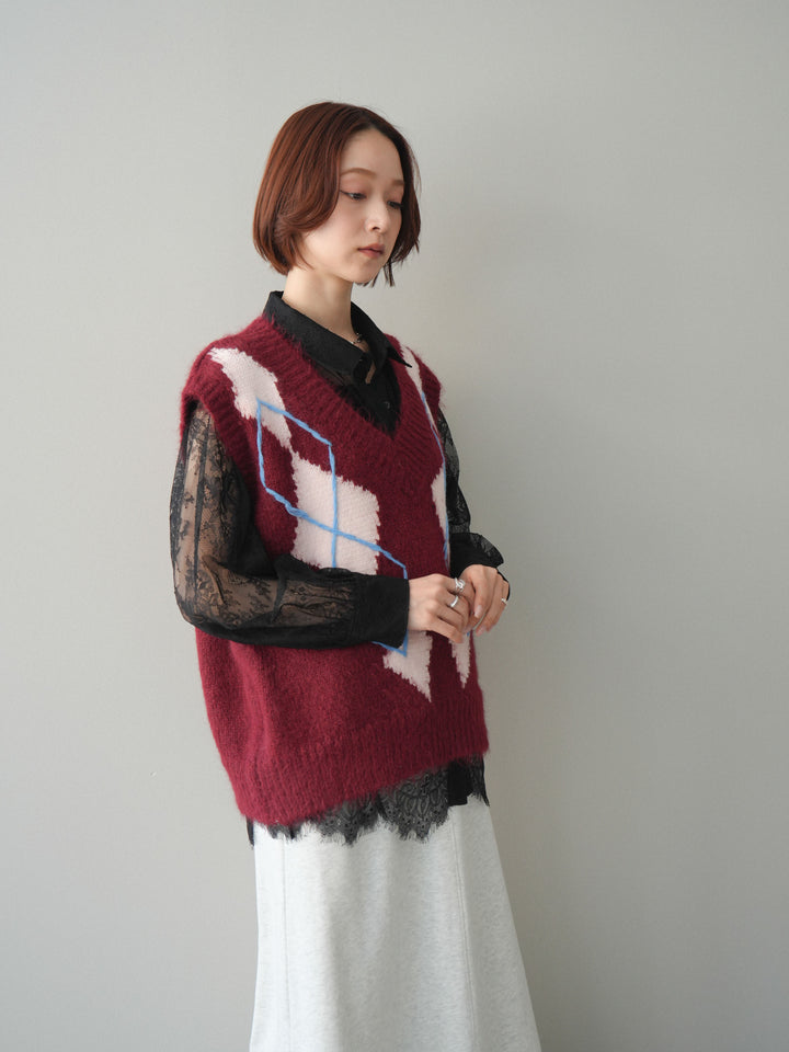 [SET]アーガイルVネックニットベスト+選べるアクセセット(2set)