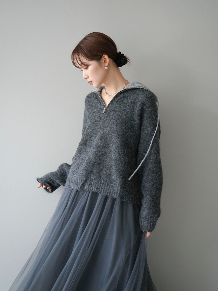 [予約]バイカラージップニットプルオーバー/charcoal