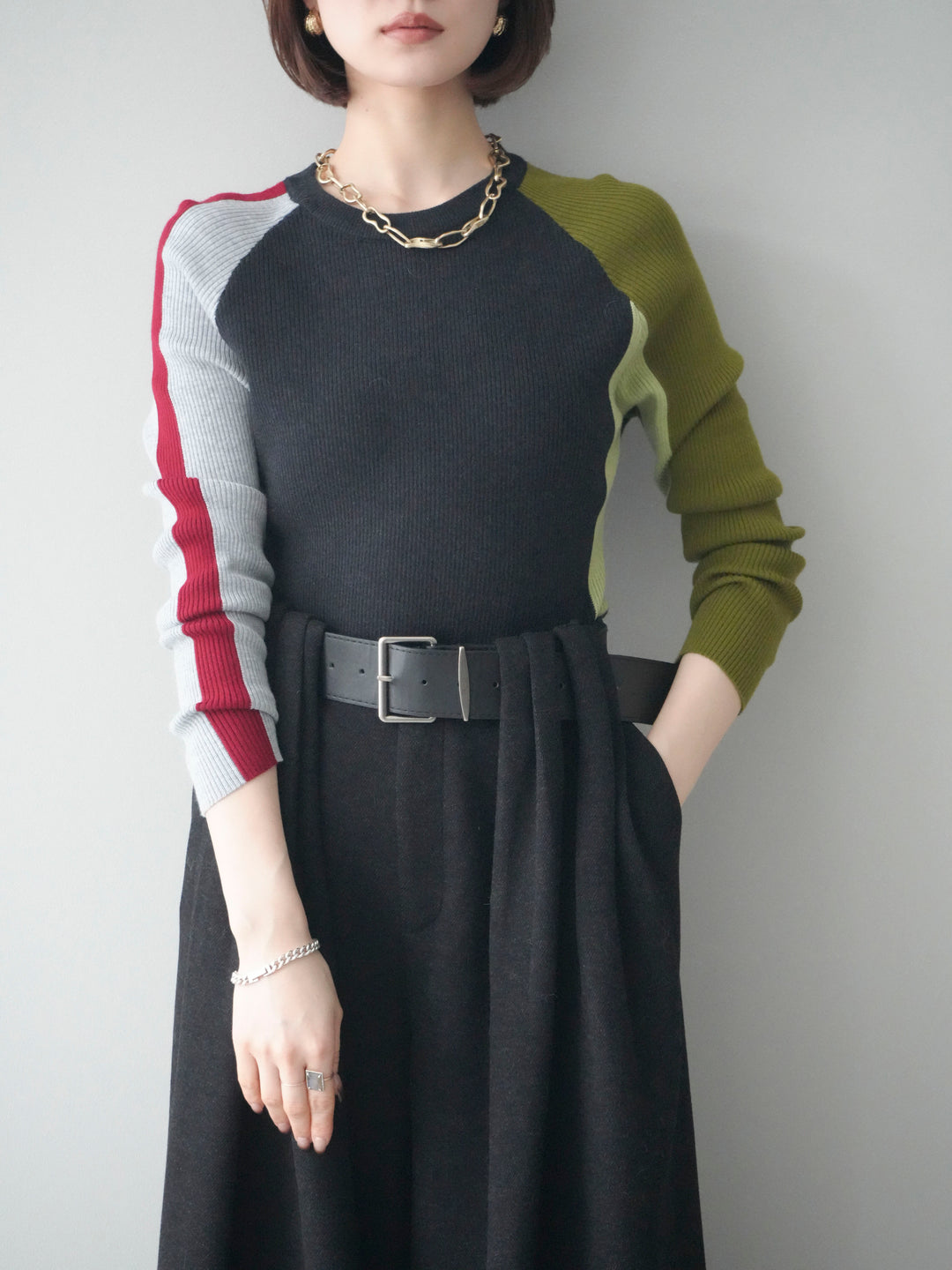 [SET]バイカラーラグランニットトップス+選べるアクセセット(2set)