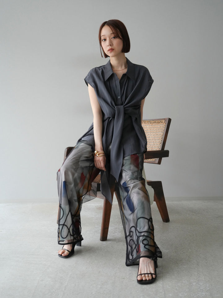 [SET] 前繫帶透視上衣 + 水彩藝術休閒褲 (2 件組)