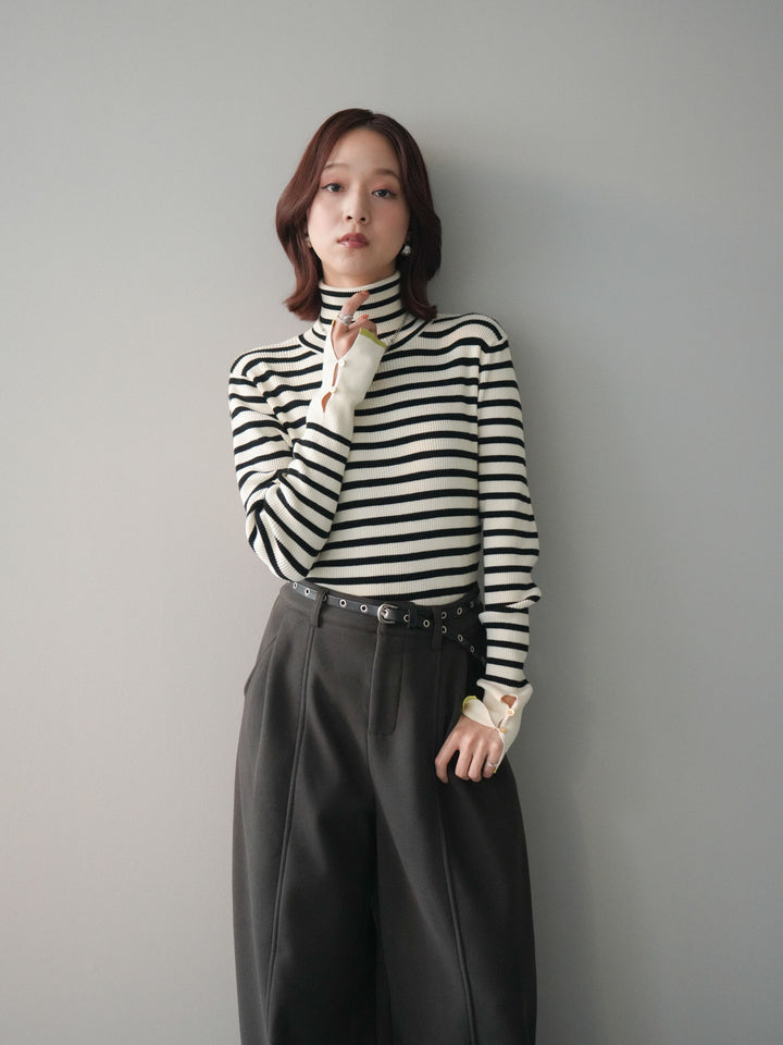 [SET]袖配色ハイネックボーダーリブニットトップス+ベルト付き裏起毛ワイドパンツ(2set)