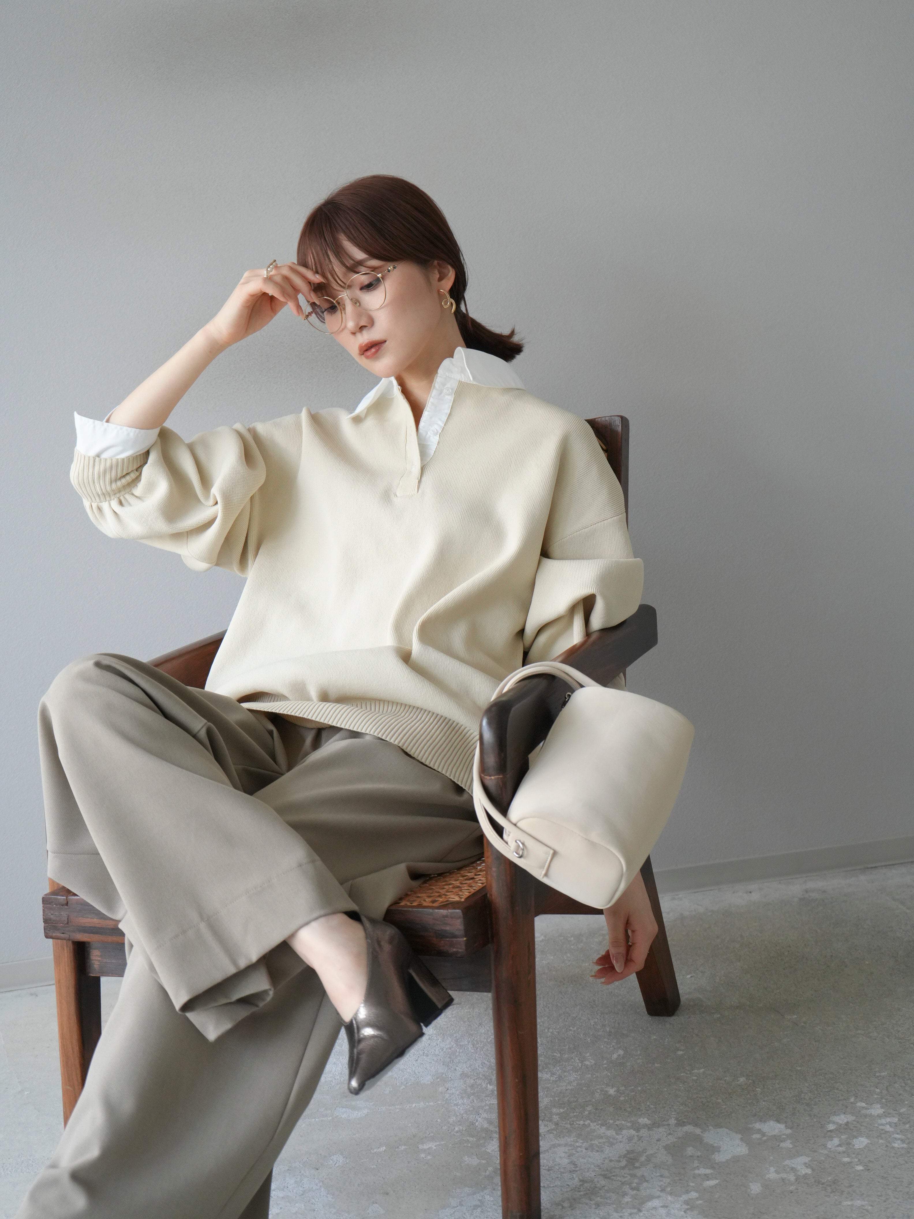 予約]襟付きポロニットプルオーバー/アイボリー – Lumier