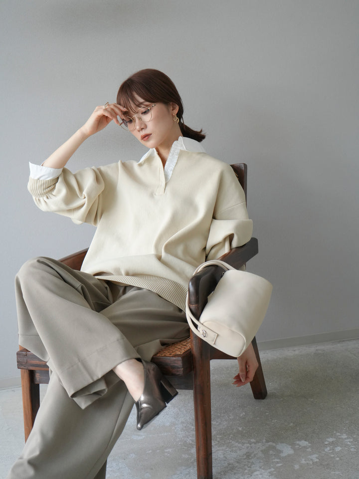 [預購] 領口Polo針織套衫/象牙白