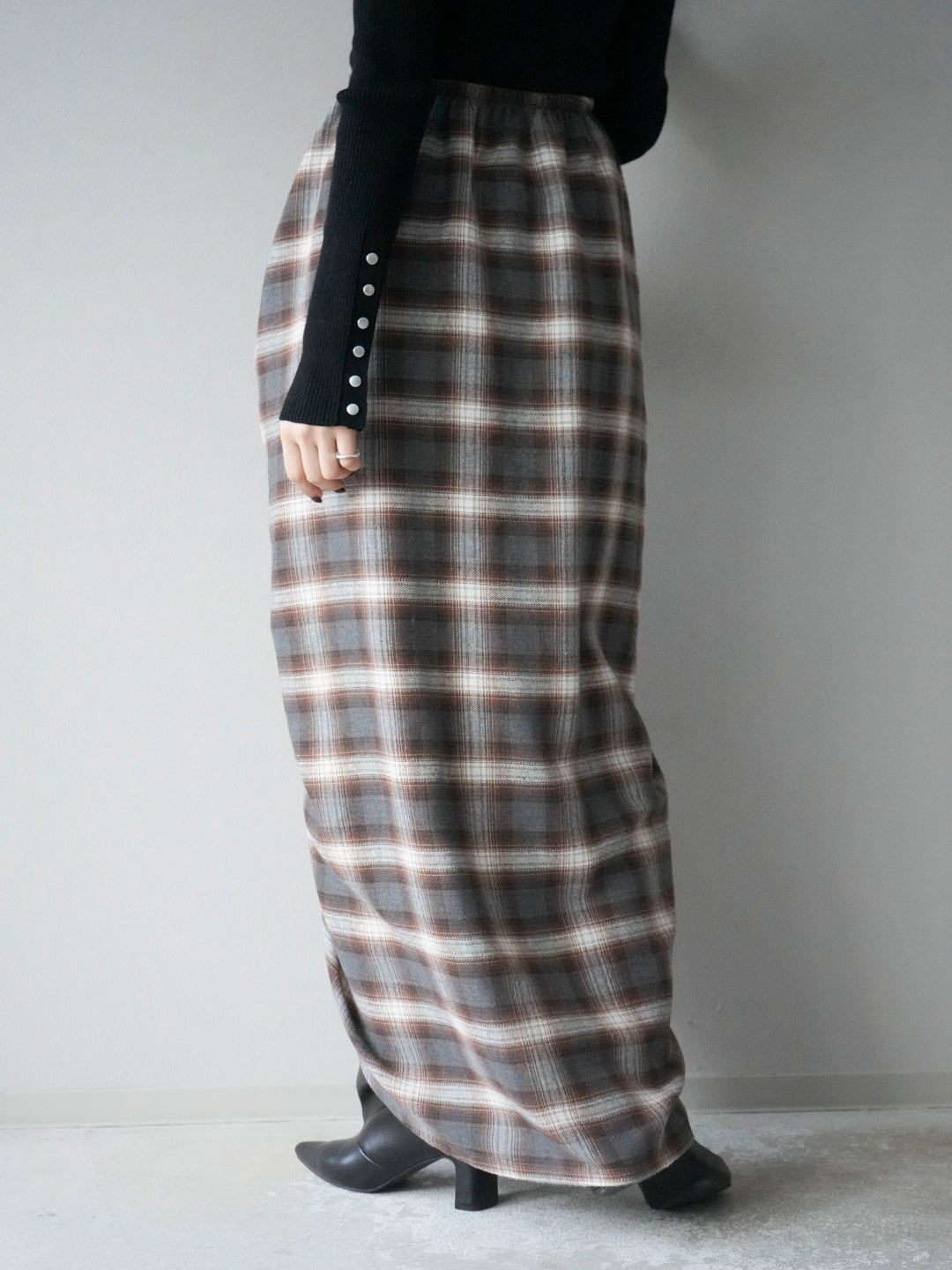 [予約]タックデザインチェックスカート/ブラウン