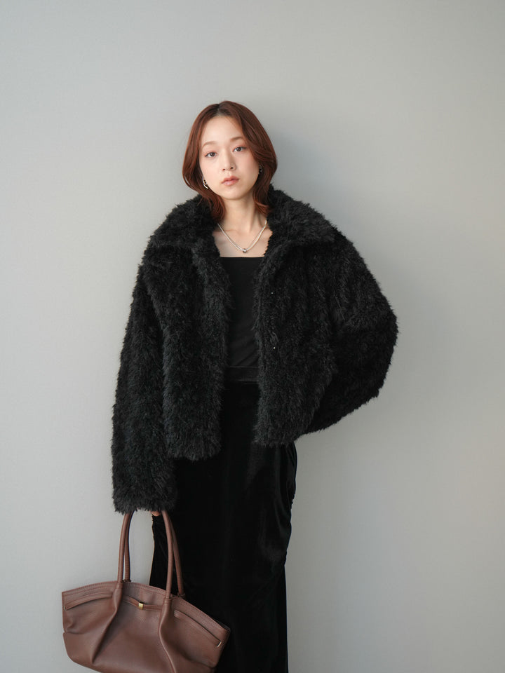 [SET]フェイクファー襟付きショートブルゾン+ギャザーベロアスカート(2set)