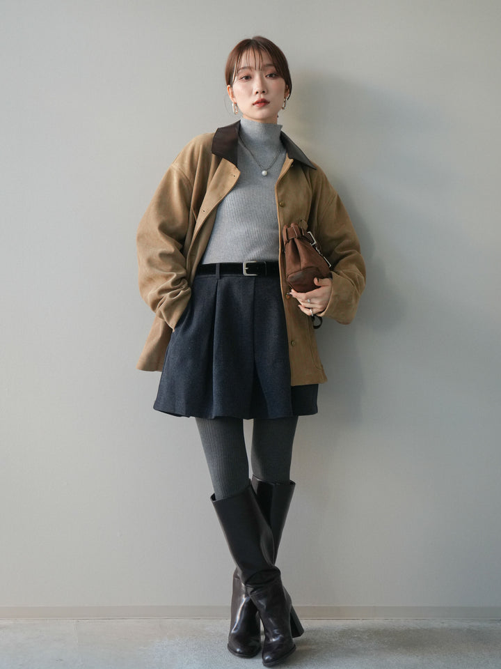 [SET]襟レザーステンカラースエードジャケット+袖ボタンボトルネックリブニットトップス+ベルト付きタックミニスカート(3set)