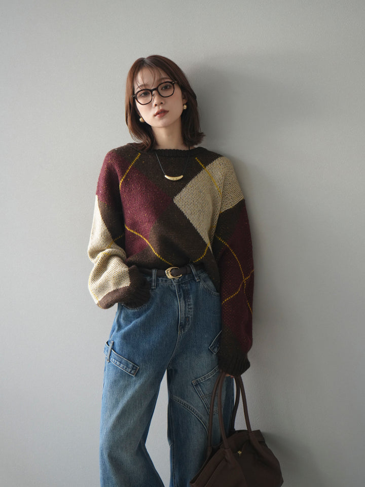 [SET]配色ステッチアーガイル柄ニットプルオーバー+配色ステッチアーガイル柄ニットプルオーバー(2set)