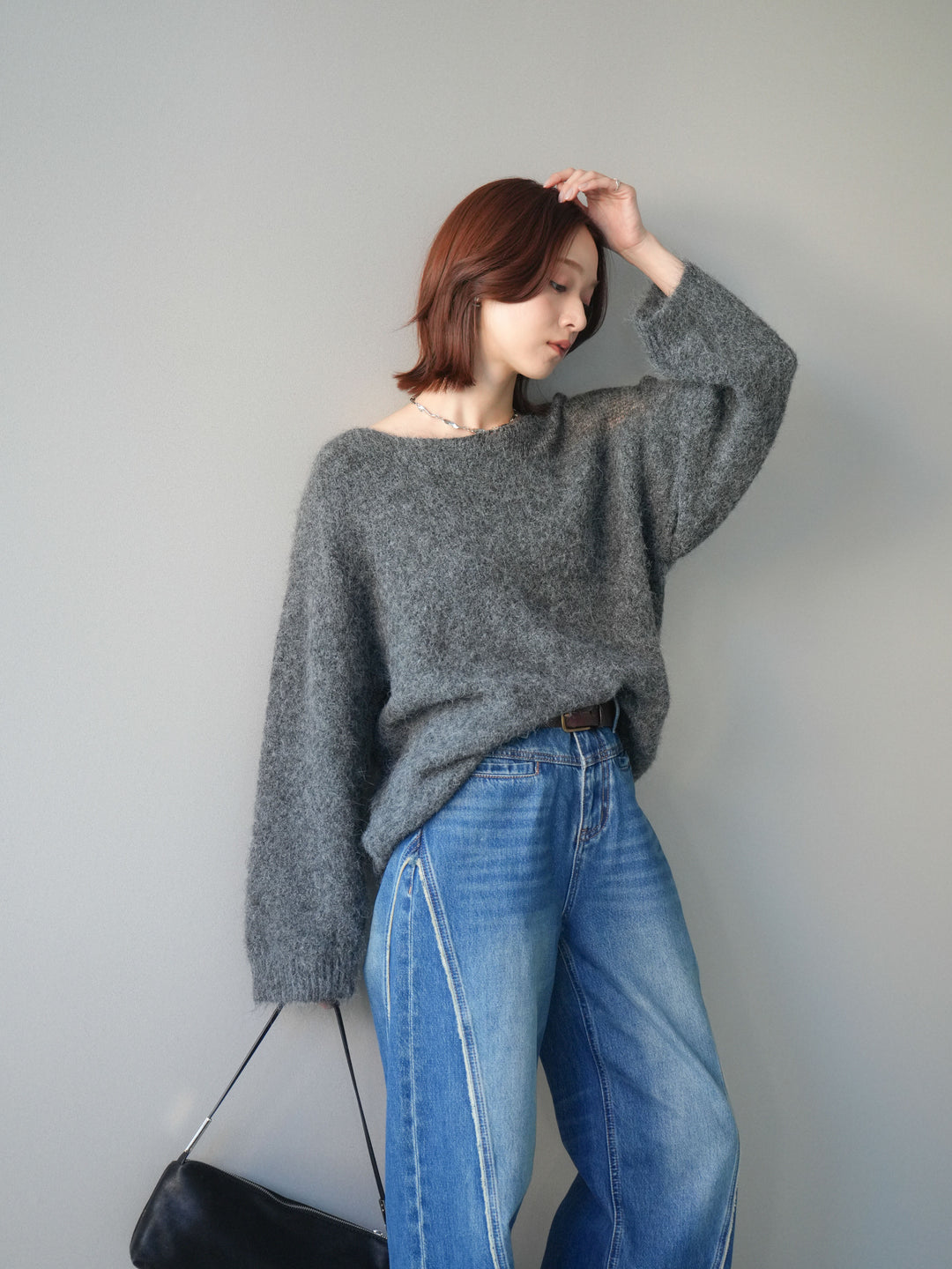 [SET]透かしデザインニットプルオーバー+サイドフリンジワイドデニムパンツ(2set)