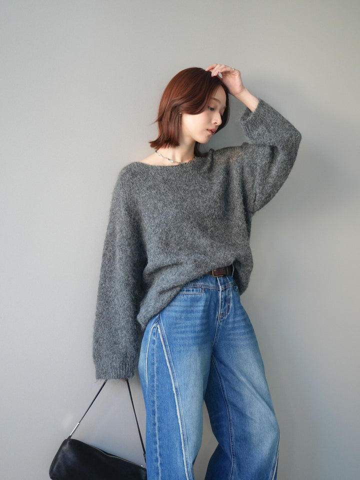 [SET]透かしデザインニットプルオーバー+サイドフリンジワイドデニムパンツ(2set)