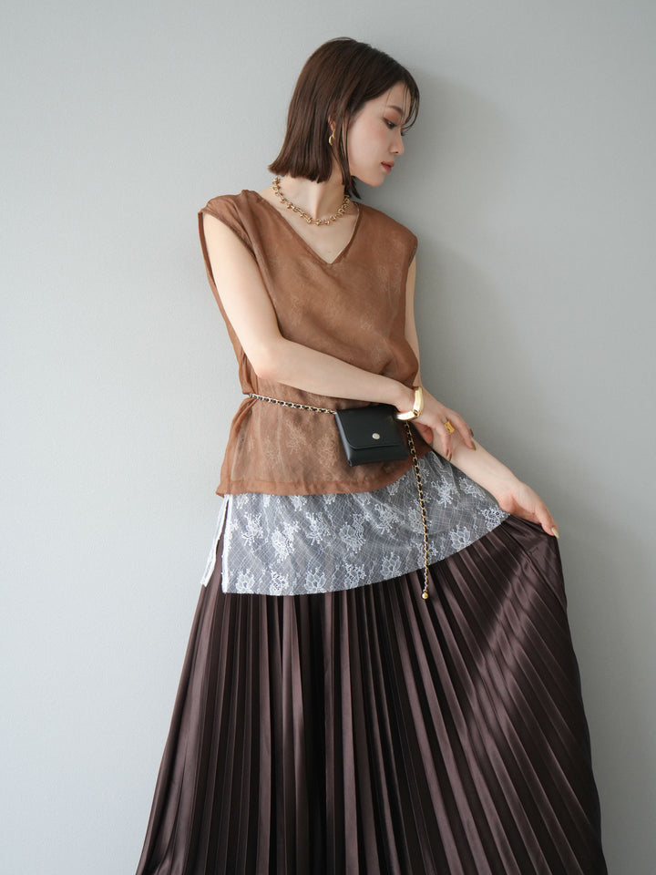 [予約]レースレイヤードオーガンジートップス/ブラウン