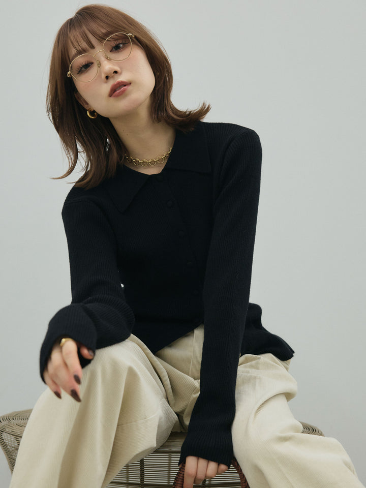 【Allure】[SET]くるみボタンポロリブニットトップス+くるみボタンポロリブニットトップス(2set)