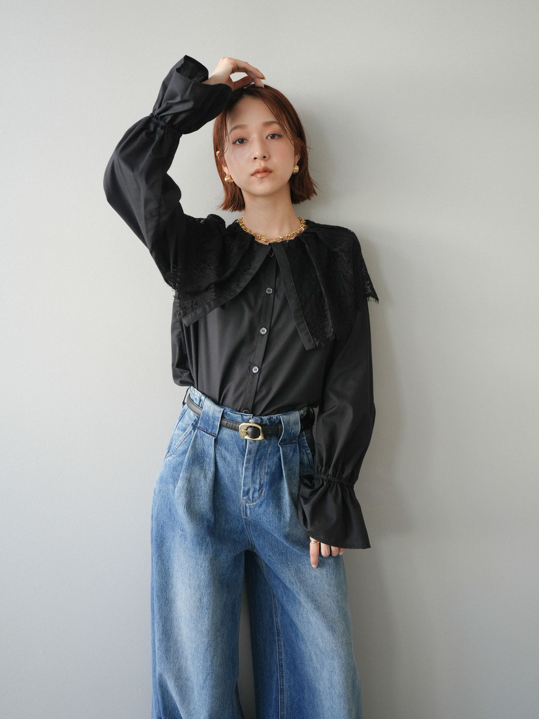 [予約]ビッグレースカラーブラウス/black