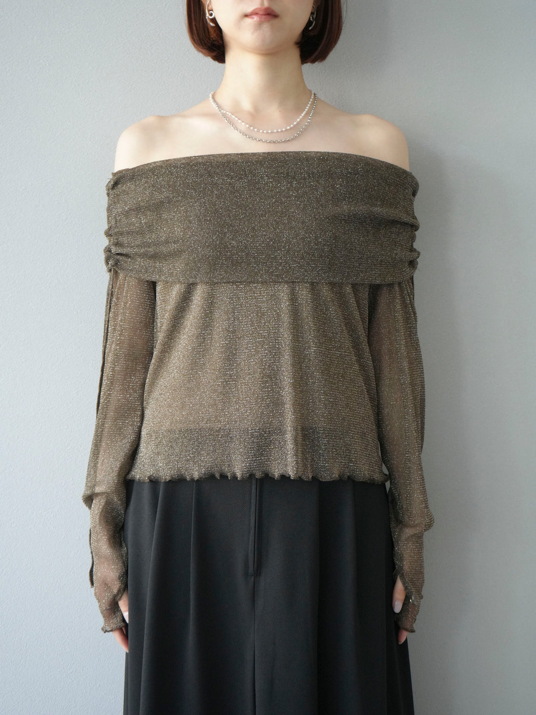 [予約]ラメシアーウィンガーホールオフショルトップス/ブラウン