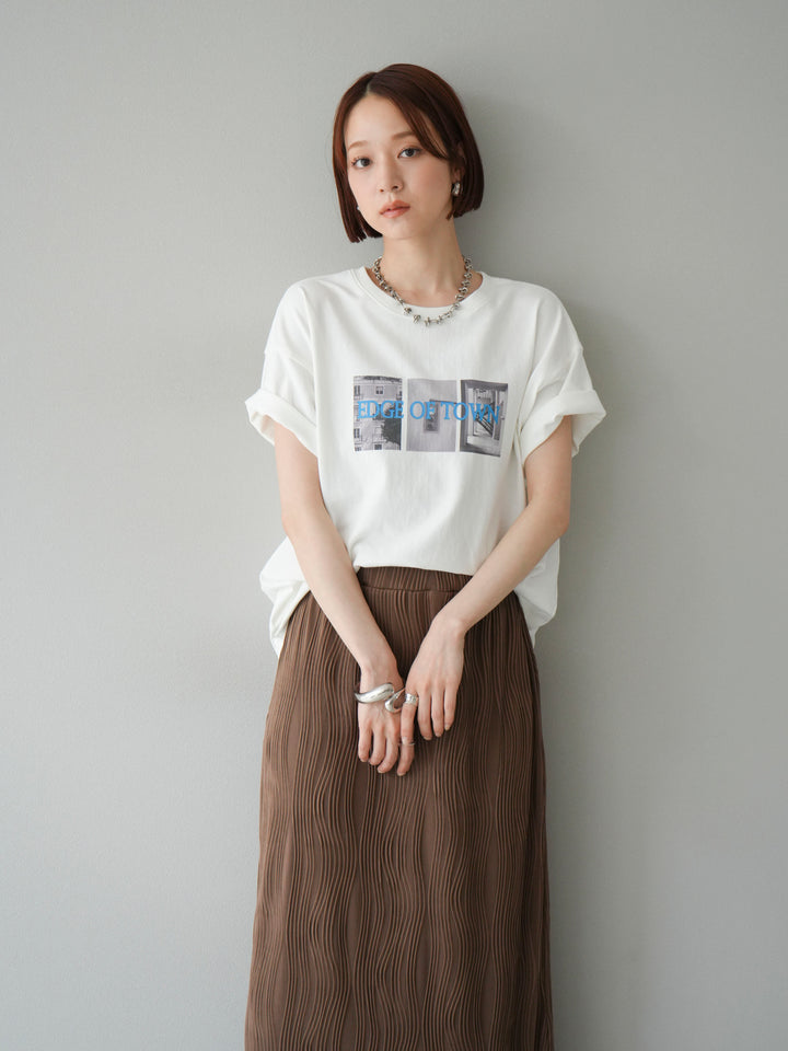 [SET]ネオンロゴコラージュフォトプリントオーバーTシャツ+ウェーブパイピングタイトスカート(2set)