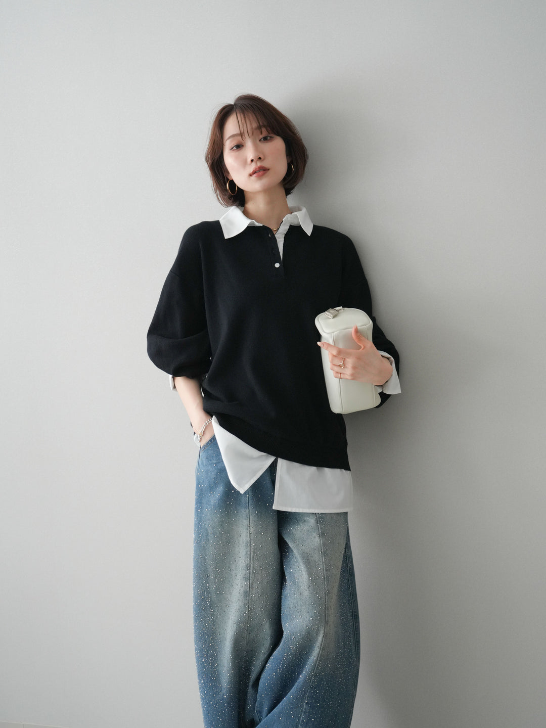 [予約]シャツドッキングオーバーニットプルオーバー/blackoff