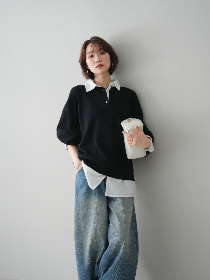 [予約]シャツドッキングオーバーニットプルオーバー/blackoff