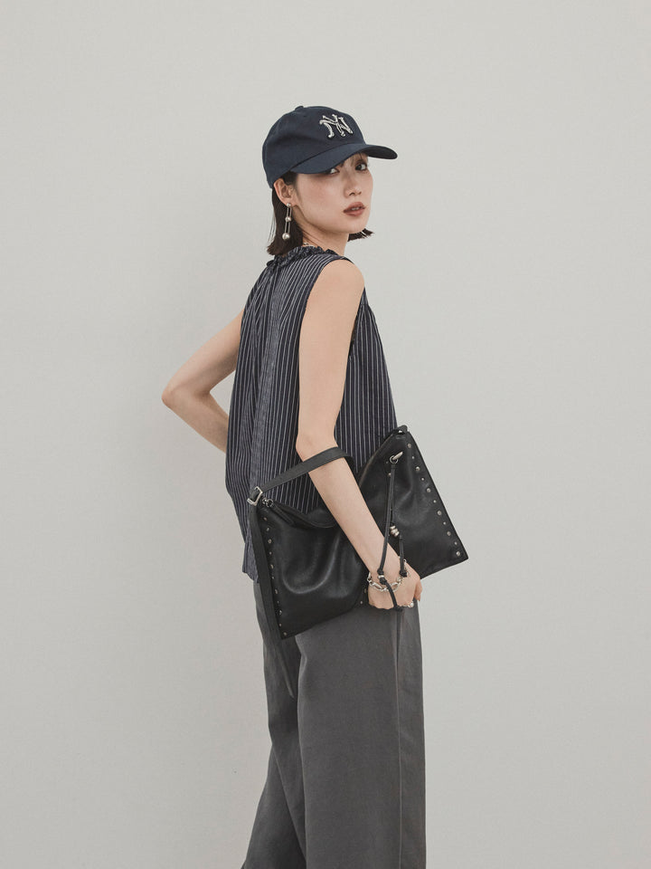 【預購】條紋荷葉邊襯衫/黑色