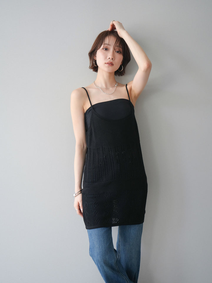 [予約]ランダム透かし編みニットキャミソール/black