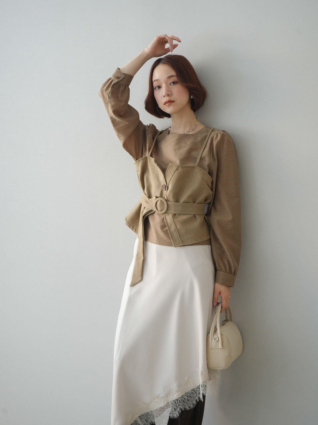 [SET]異素材ビスチェドッキングブラウス+センターシームフレアパンツ(2set)