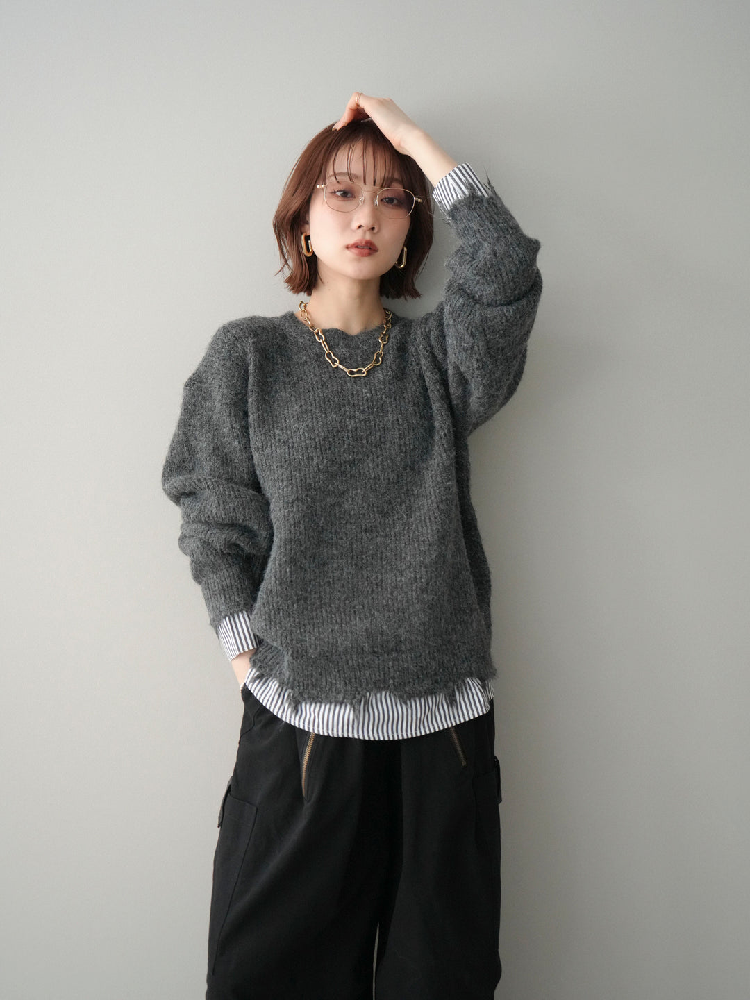 [予約]裾シャツレイヤードダメージニットプルオーバー/darkgrey