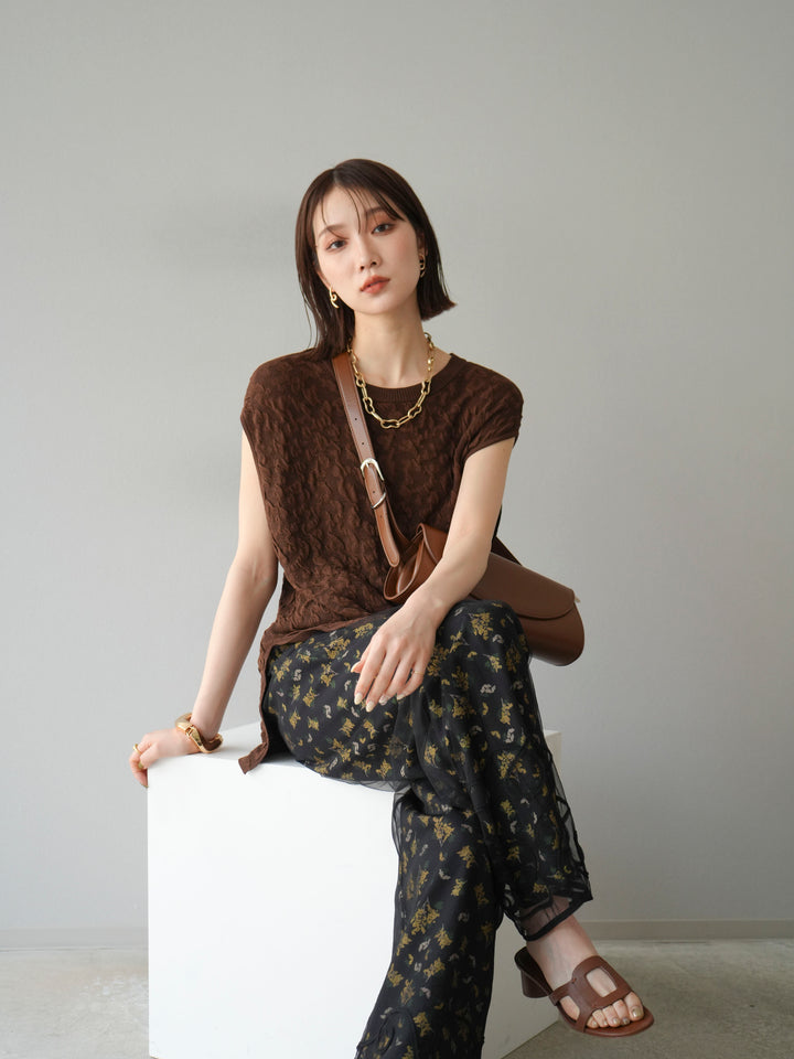 [SET]コード刺繍チュールレイヤードパンツ+ブーケプリントタックパンツ(2set)