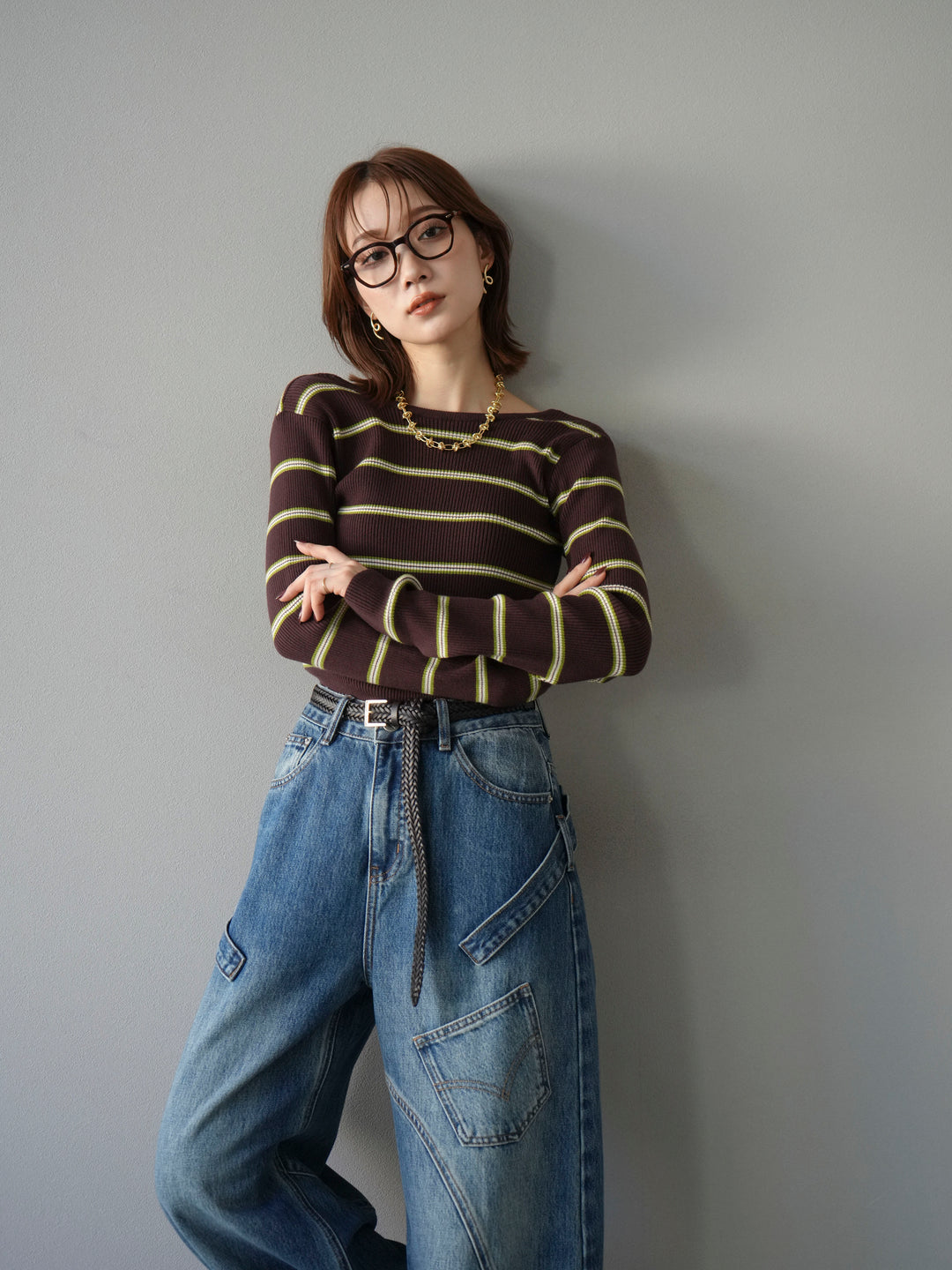 [予約]バックオープンボーダーテレコリブトップス/ブラウン