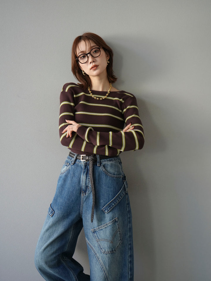 [予約]バックオープンボーダーテレコリブトップス/ブラウン