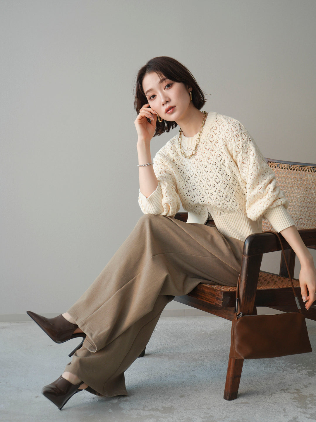 [予約]透かし編みフロントジップスリットニットプルオーバー/ivory