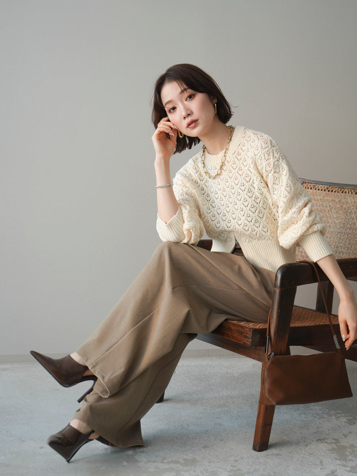 [予約]透かし編みフロントジップスリットニットプルオーバー/ivory