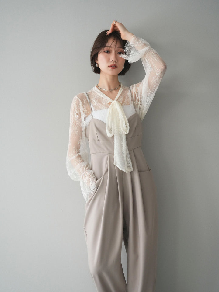 [SET]バックデザインサロペット+リバーレースボウタイトップス(2set)