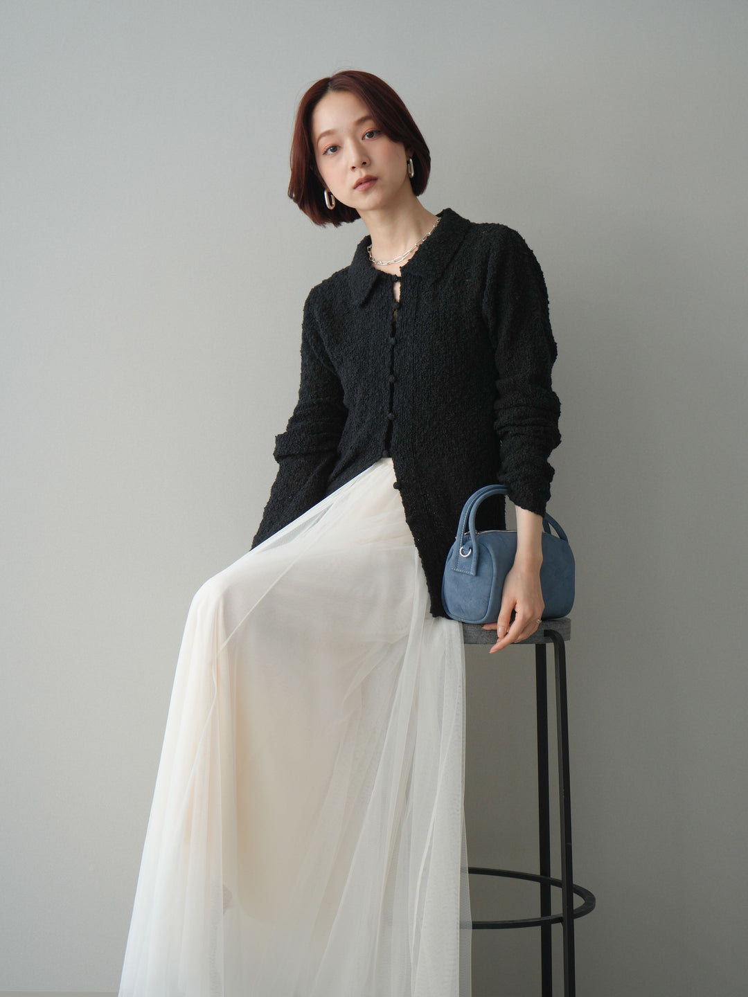 [予約]透かし編みブークレポロニットトップス/black