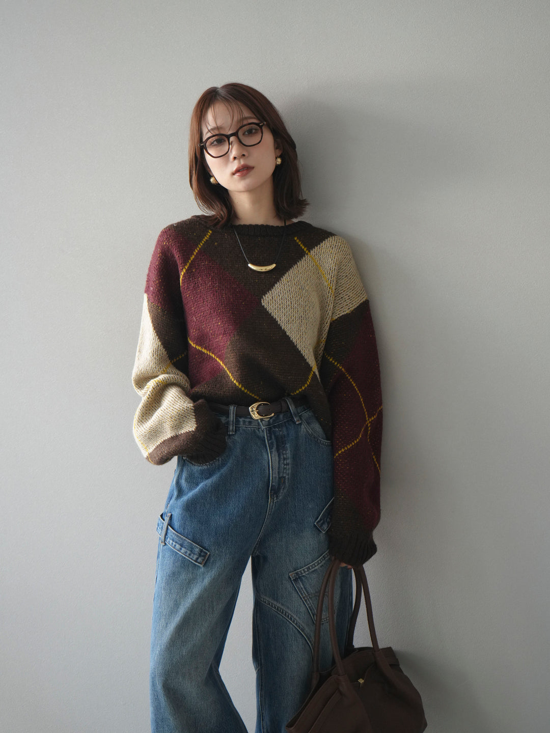 [予約]配色ステッチアーガイル柄ニットプルオーバー/brown